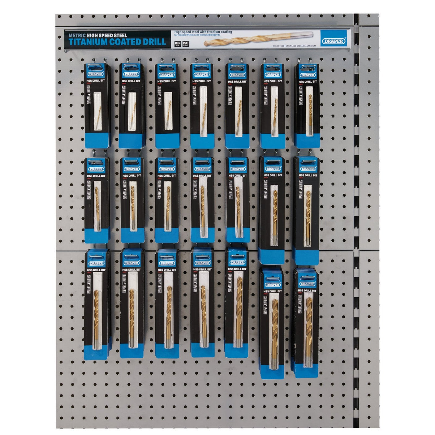 A pegboard display showcases a 154-piece set of assorted metric HSS titanium drill bits, each in blue packaging labeled "Draper," designed for drilling through mild steel.