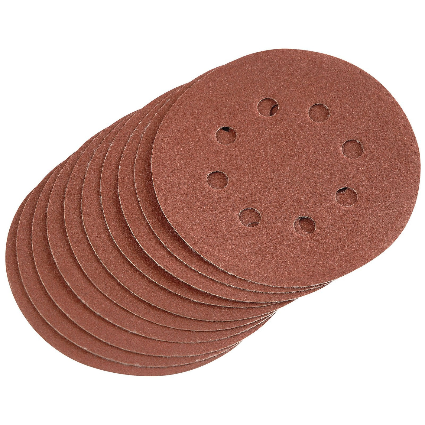 The Draper Hook And Loop Sanding Discs, 125mm, 240 Grit (Pack Of 10) - SD5V by Draper are round brown discs compatible with 125mm random orbital sanders. Each disc features eight holes and is arranged in a slightly fanned-out manner.