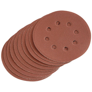 The Draper Hook And Loop Sanding Discs, 125mm, 240 Grit (Pack Of 10) - SD5V by Draper are round brown discs compatible with 125mm random orbital sanders. Each disc features eight holes and is arranged in a slightly fanned-out manner.