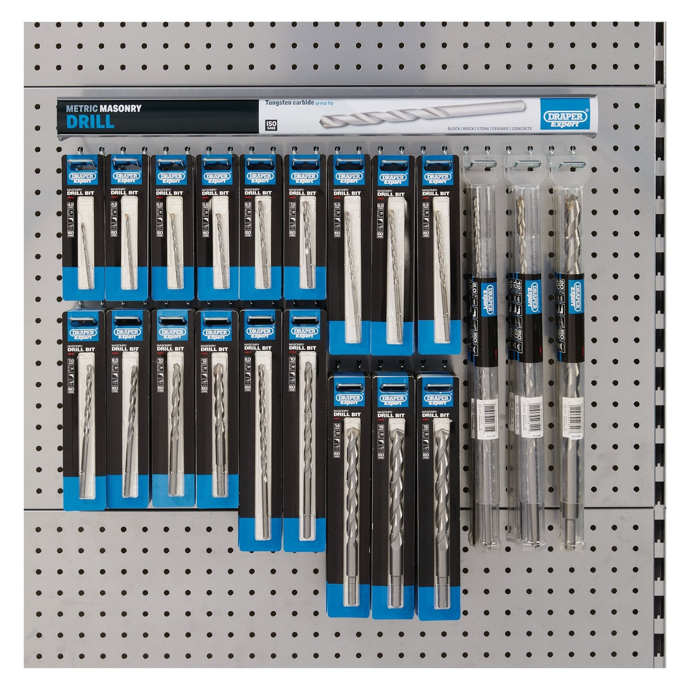 Display of the Draper Assorted Metric Masonry Drill Bit Merchandiser (137 Piece) - *DBD/MAS, in blue and black retail packaging, arranged on a perforated metal pegboard with a convenient toolbar merchandiser.