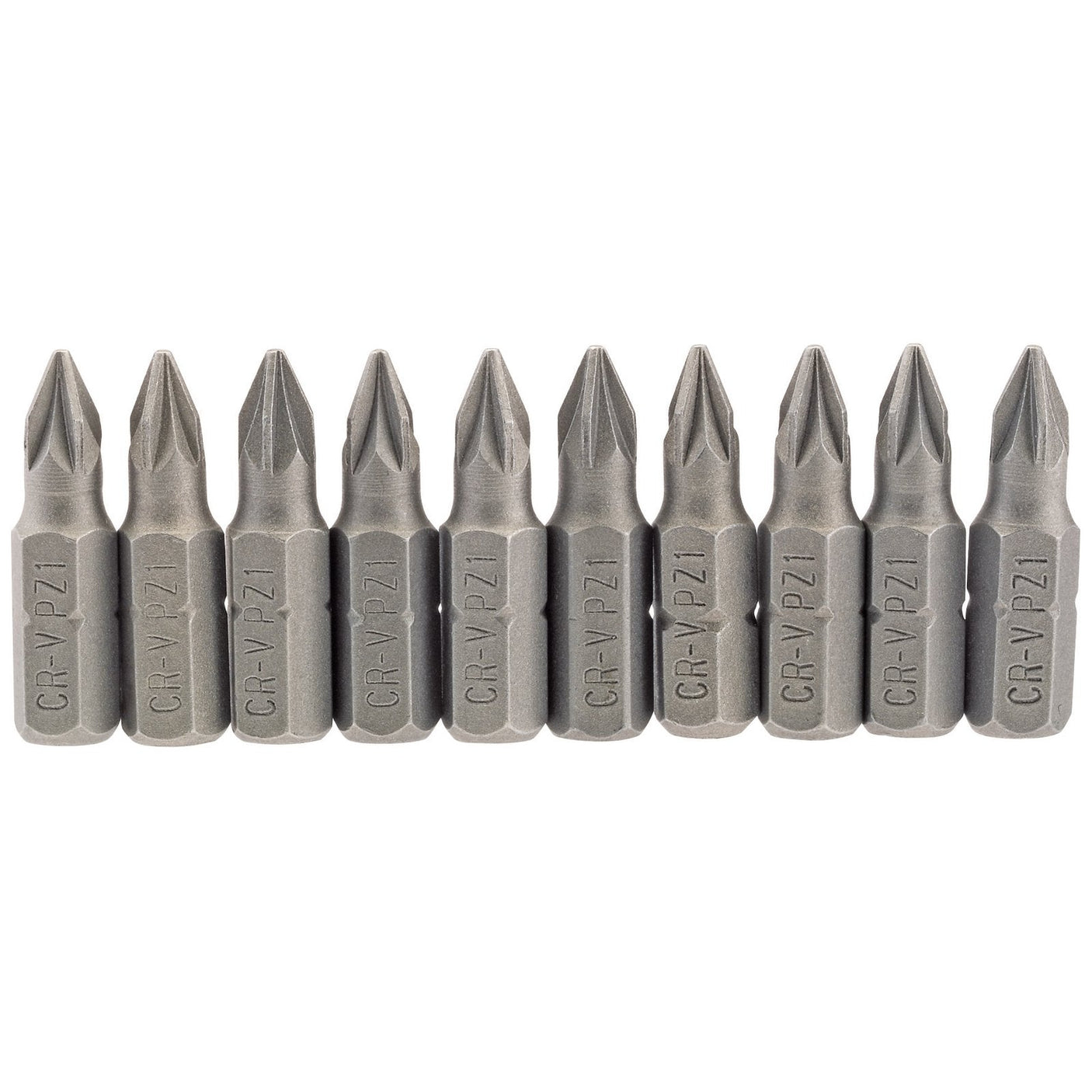 A row of ten Draper Pz Type Insert Bits, each 1/4" hex and 25mm long, No.1 size, made from durable chrome vanadium steel with "CR-V PZ1" etched on them, arranged side by side on a white background.