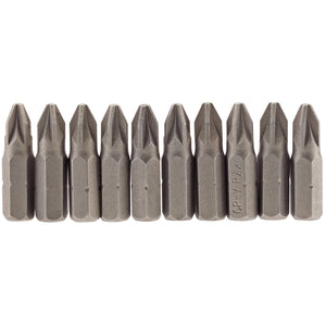 A neat horizontal row of nine Draper Pz Type Insert Bits, each 25mm long with 1/4" hex shanks, arranged identically in chrome vanadium steel.