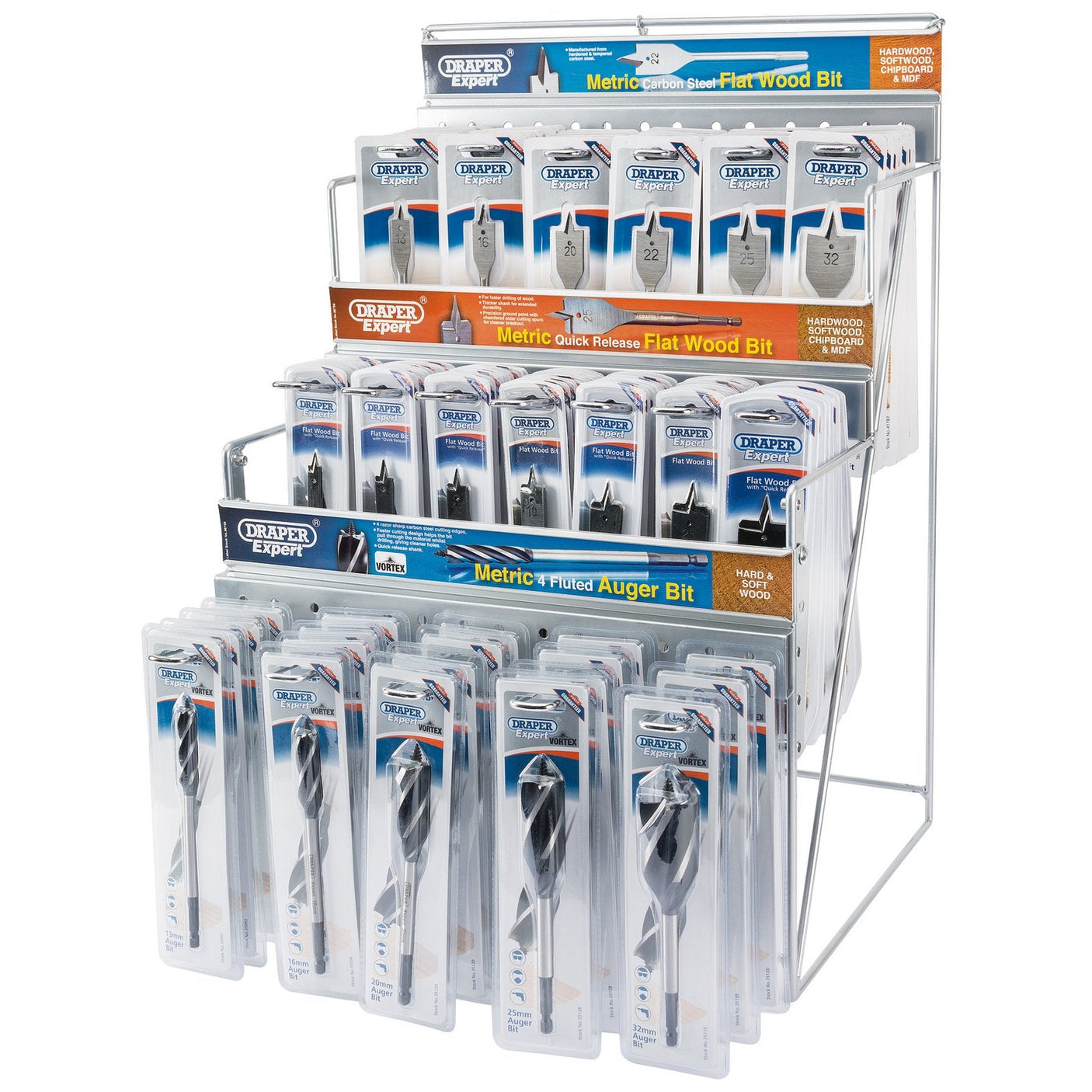 A heavy-duty merchandiser display rack holds multiple rows of Draper Assorted Metric Auger and Flat Wood Bit Merchandiser (123 Piece) - *DBD/WOOD, sorted and organized by category and size.