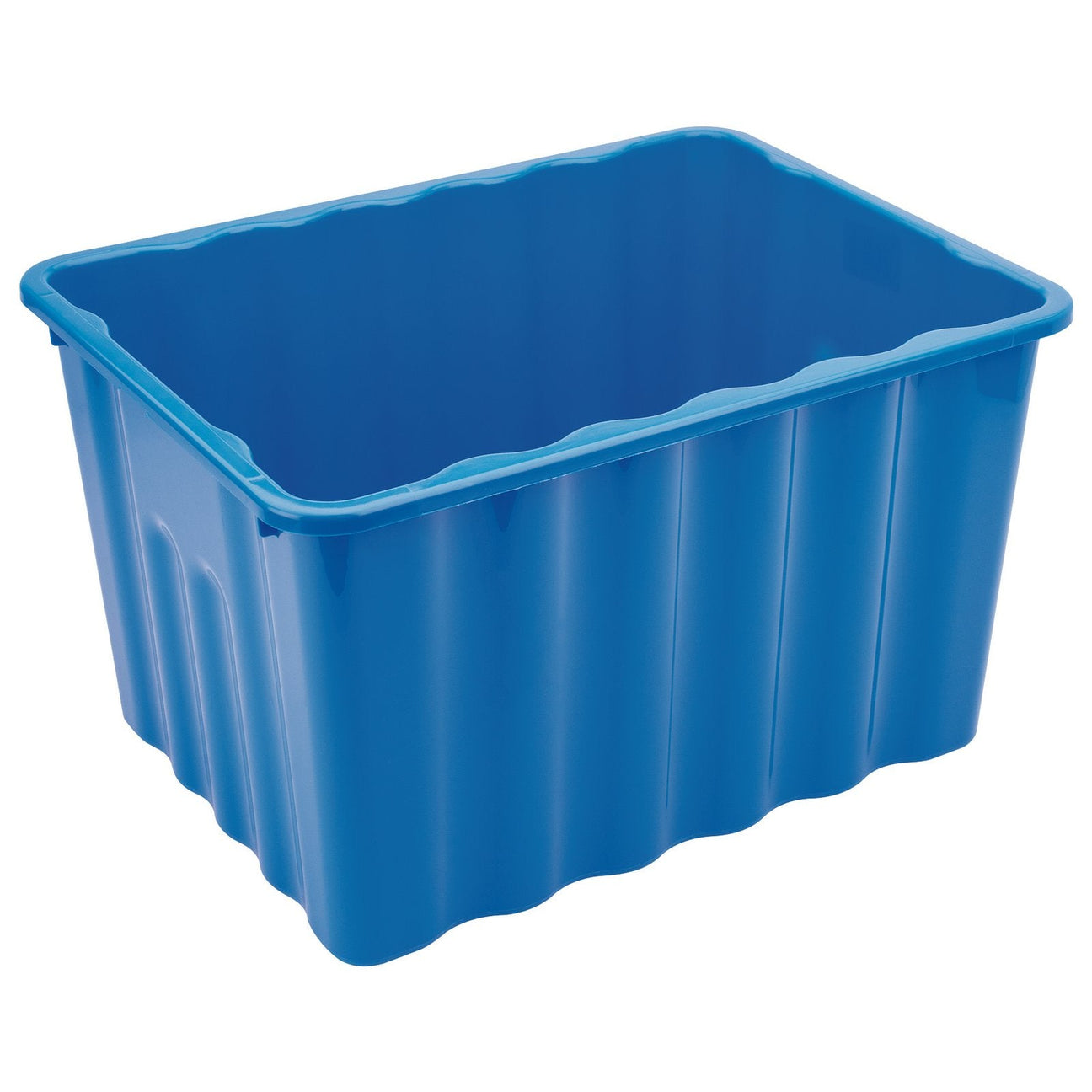 The Draper Storage Tote, 450 X 350 X 255mm - SSB5 is a blue plastic storage bin with ribbed sides and a rectangular shape, featuring a 28L capacity. Made from durable ABS plastic, it's ideal for use around the house.