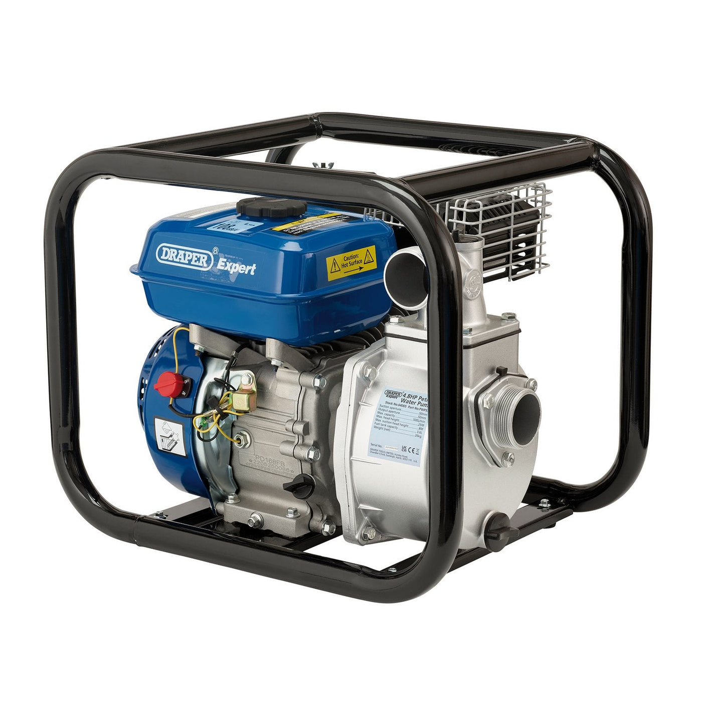 A Draper Expert Quality Petrol Water Pump (model PWP52), featuring a blue and silver finish, powers through tasks with its 4.8Hp engine and has a capability of pumping 500 liters per minute. It is housed in a heavy-duty black metal frame, complete with a fuel tank and hoses.