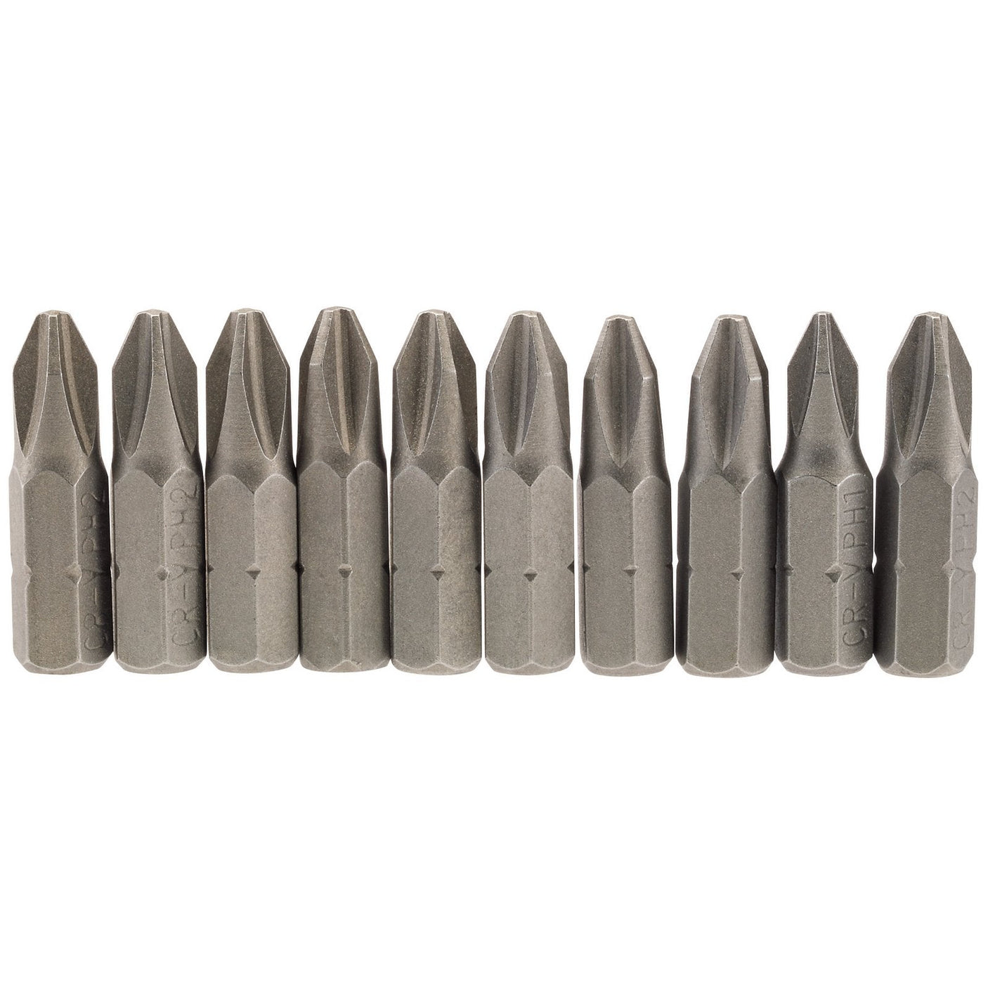 A row of ten Draper Cross Slot Insert Bits, each 1/4" hex and 25mm long (No.2), made from chrome vanadium steel, lined up vertically on a white background.