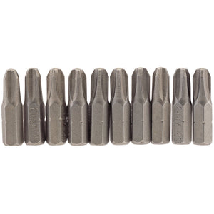 A set of ten Draper Cross Slot Insert Bits, each 1/4" hex and 25mm long, No.3, neatly arranged in a straight line.