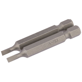 Two Draper Plain Slot Insert Bits, each measuring 3mm in width with a 1/4" hexagonal base and 50mm in length, are placed side by side. These bits feature flat tips and are crafted from durable chrome vanadium steel.