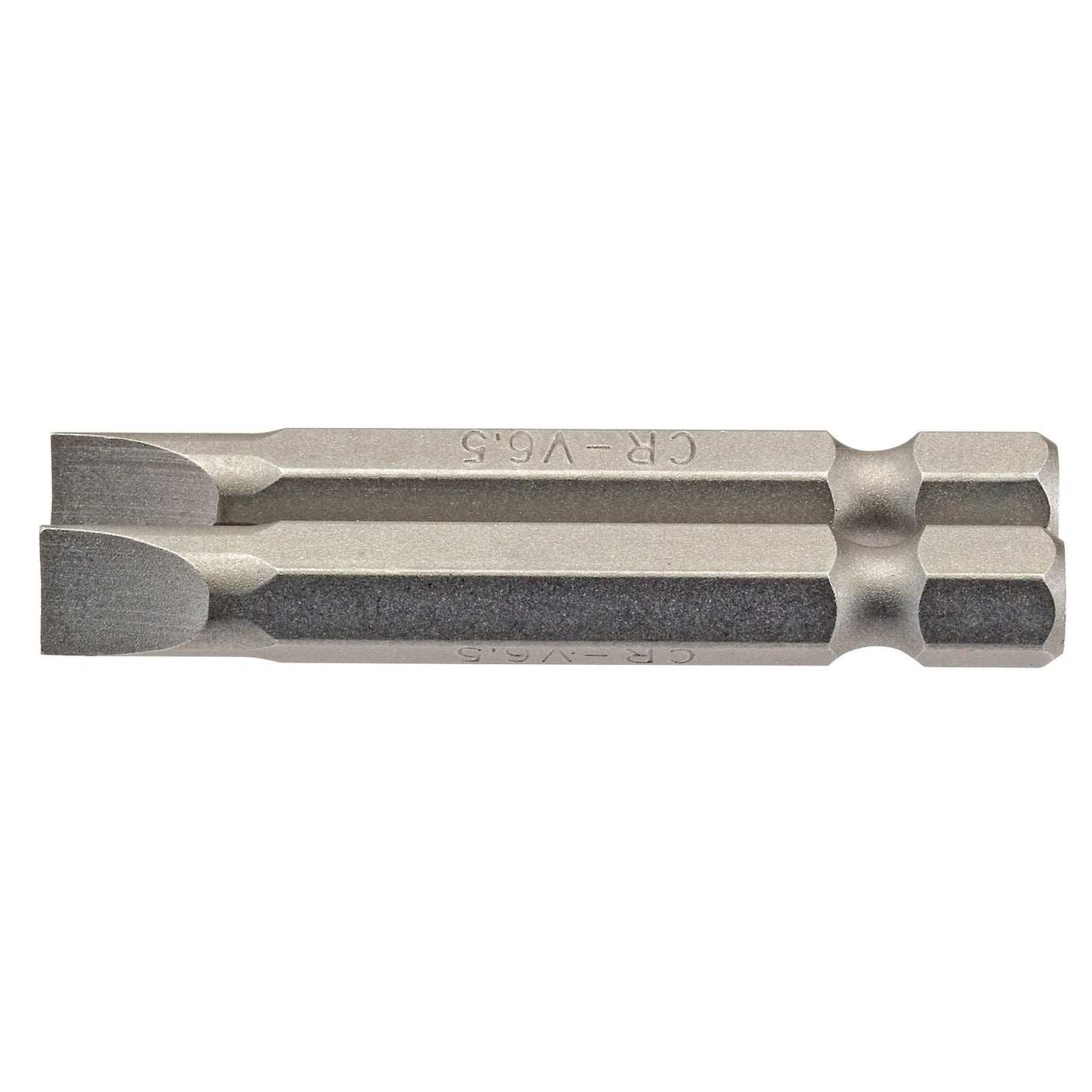 A Draper Plain Slot Insert Bit, 6.5mm, 1/4" hex made of chrome vanadium steel with a shot blasted finish and engraved with "Cr-V6.5" on its sides.