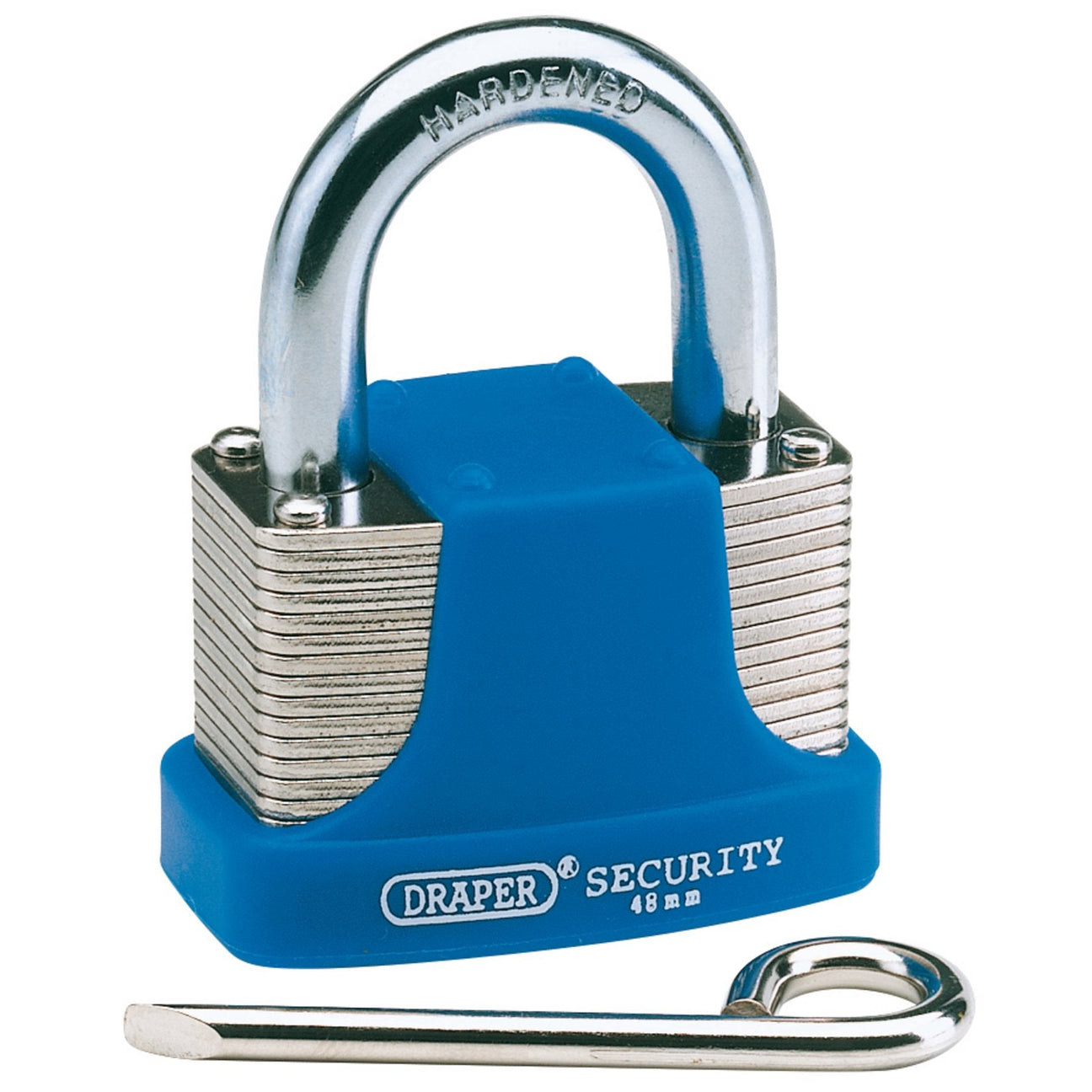 A Draper Resettable Combination Padlock, 46mm - 8301/48, featuring blue and silver accents and the word "Hardened" on its hardened steel shackle, is displayed next to its corresponding key.