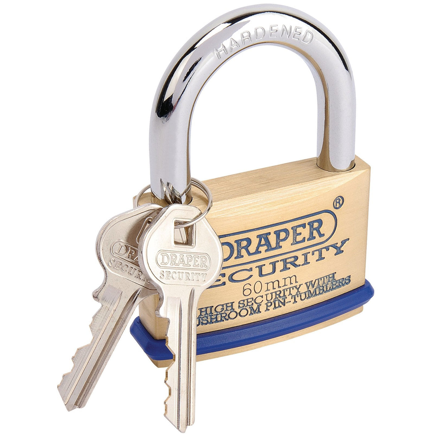 The Draper Solid Brass Padlock And 2 Keys, model 8302/60, features "Draper Security" branding and includes a chrome-plated, hardened steel shackle along with a solid brass body for enhanced durability.