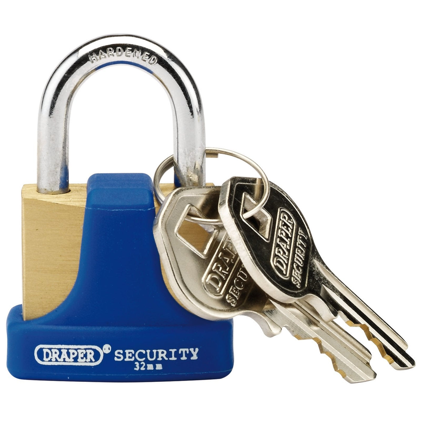 The Draper Solid Brass Padlock with Bumper (8303/32) features a solid brass body and a hardened steel shackle, encased in blue and marked with "Draper Security." It comes supplied with two silver keys, each bearing the Draper branding.