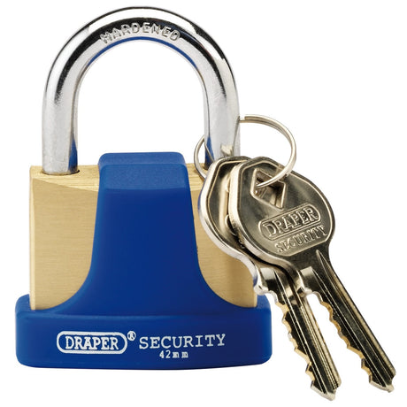 Draper Solid Brass Padlock And 2 Keys With Hardened Steel Shackle And Bumper, 42mm - 8303/42 - Farming Parts