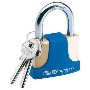 A Draper Solid Brass Padlock with a 52mm body, featuring a blue and silver finish and accompanied by two keys. The padlock is marked with "Draper Security" and "Hardened Steel Shackle.