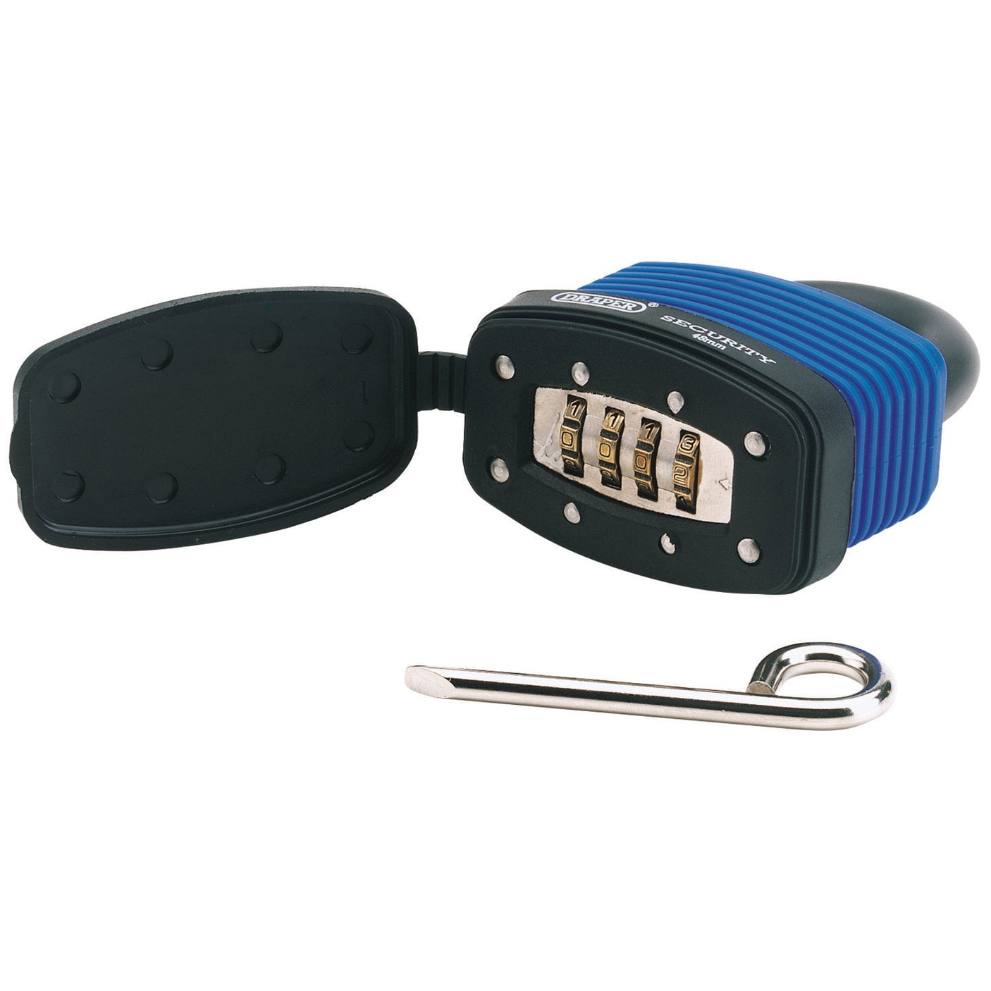 The Draper Resettable 4 Number Combination Laminated Steel Padlock And Bumper, model 8306/48, with a blue rubber casing and black cover is shown open, revealing its numeric dials. To the side, there is a detached hardened steel shackle.