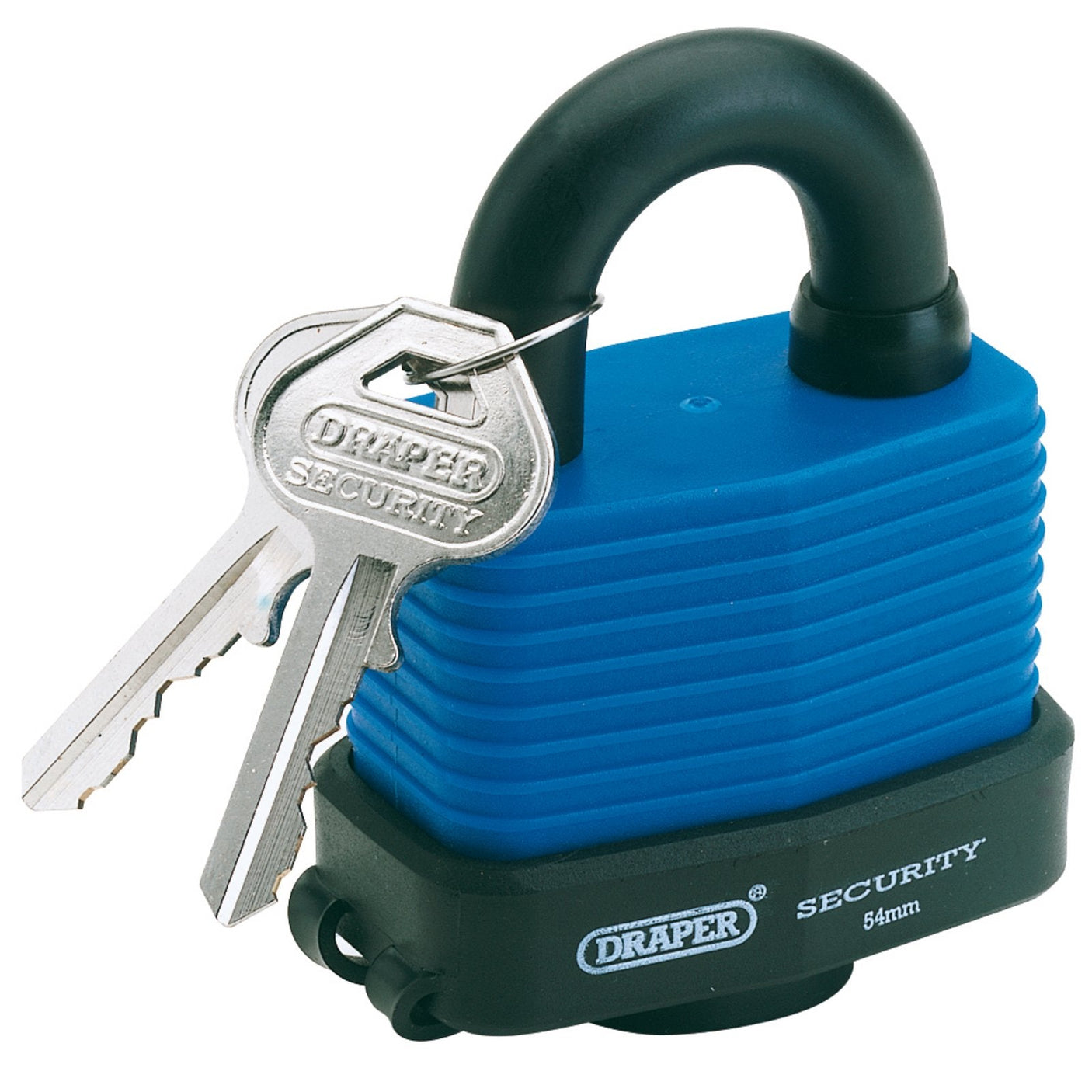 A Draper Laminated Steel Padlock and 2 Keys with a hardened steel shackle and bumper, featuring a precision pin tumbler, a 54mm laminated steel body, and two silver keys for its brass cylinder keyhole.