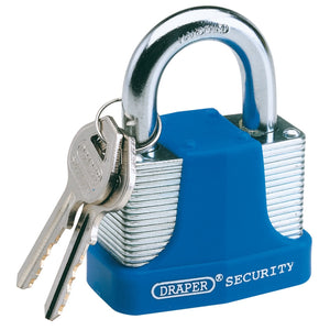 A blue and silver padlock with two keys attached to the shackle. The brand "Draper" is printed on the blue part of the lock, which features a laminated steel body and a precision pin tumbler mechanism for enhanced security. This Draper Laminated Steel Padlock And 2 Keys With Hardened Steel Shackle And Bumper measures 30mm - model 8308/30.