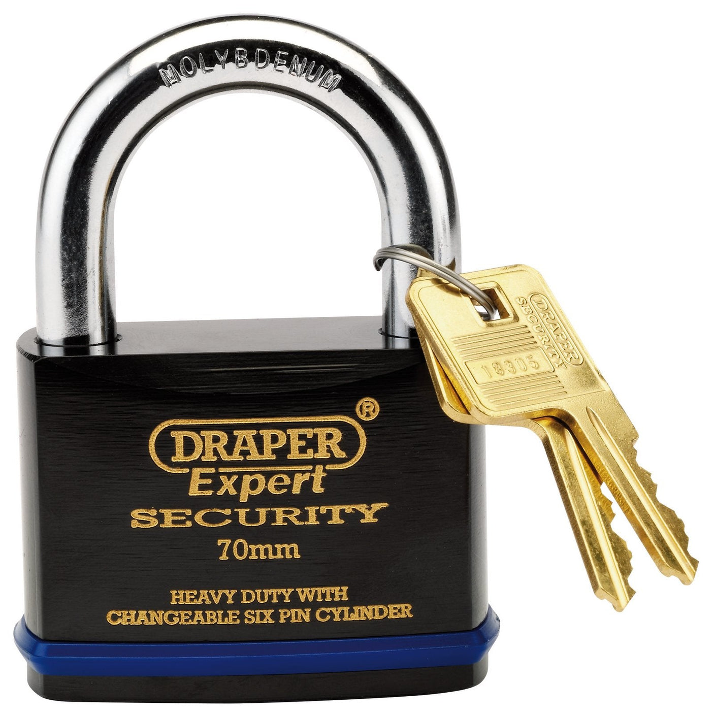 A secure black and silver padlock labeled "Draper Heavy Duty Padlock And 2 Keys With Super Tough Molybdenum Steel Shackle, 70mm - 8311/70" from the Draper brand features a solid steel body and a six-pin brass lock cylinder, with two gold keys inserted in the lock.