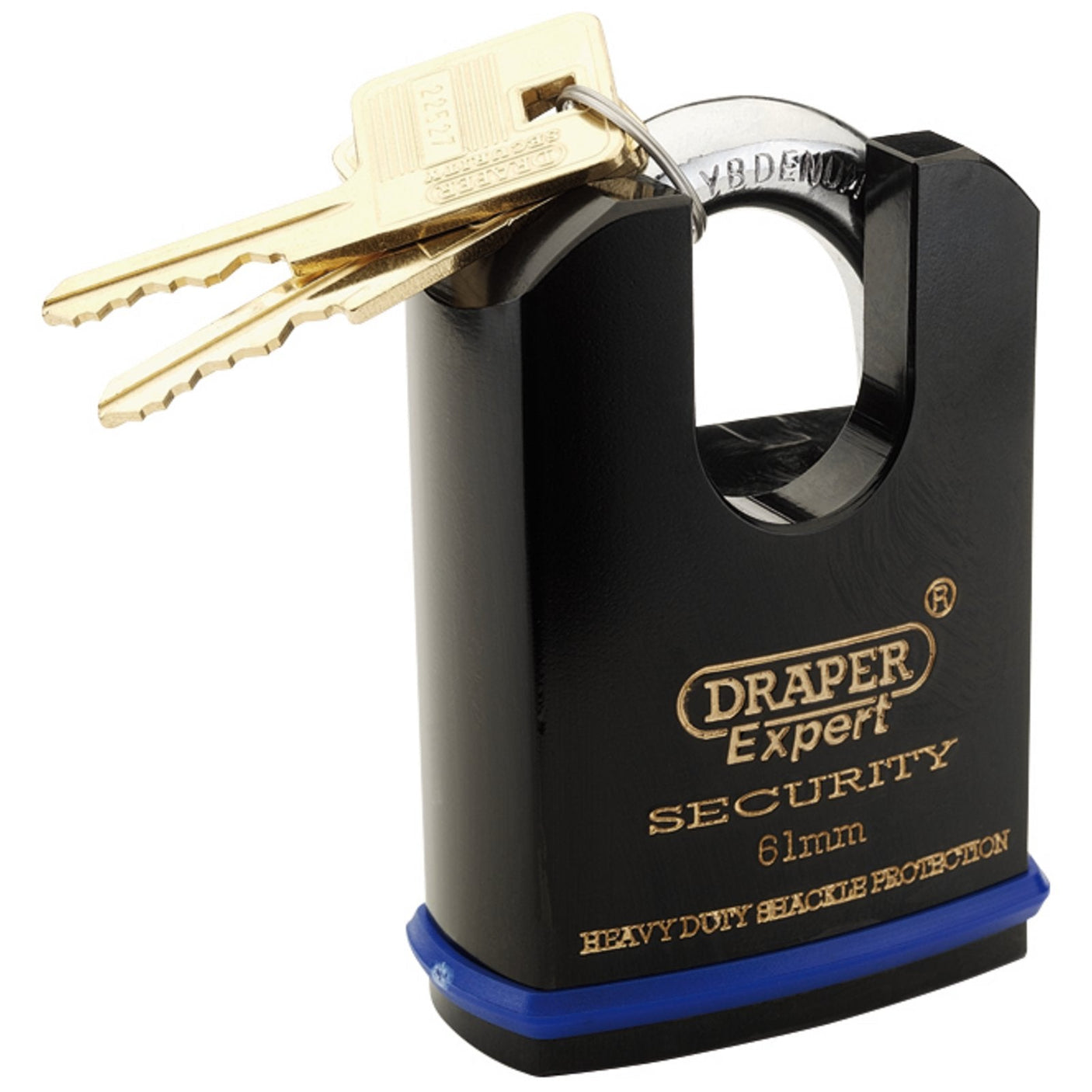 A Draper Expert Heavy Duty Padlock (model 8312/61) in black, featuring a 61mm lock with a shrouded shackle and heavy-duty protection, comes with two brass keys.