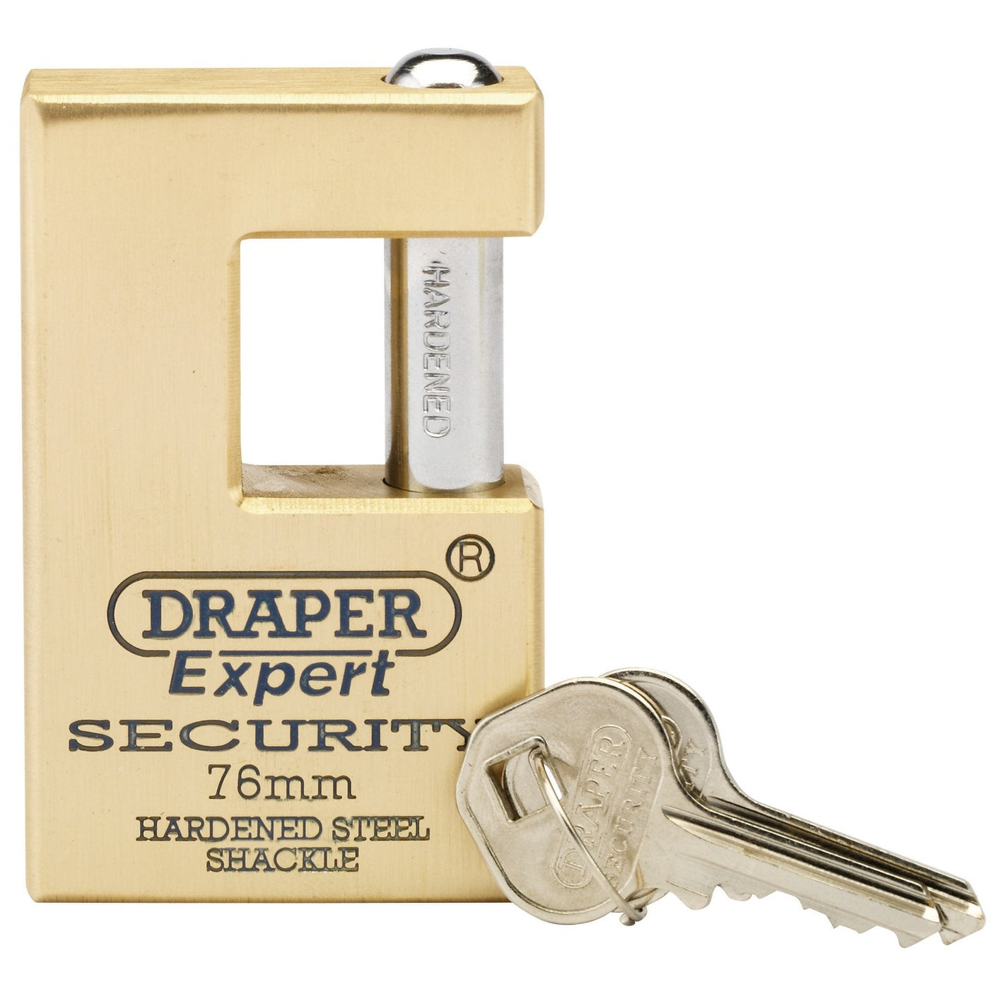 A Draper Expert Close Shackle Solid Brass Padlock with a hardened steel shackle, featuring "Draper Expert Security 76mm" labeling, and accompanied by two silver keys.