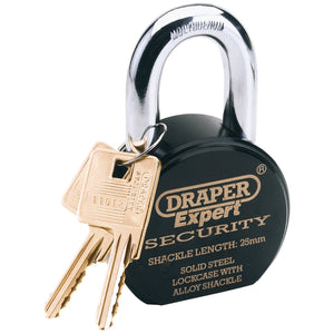 A Draper Heavy Duty Stainless Steel Padlock And 2 Keys, 63 X 25mm - 8315/6325L by Draper featuring a molybdenum steel shackle and text stating "Solid Steel Lockcase with Alloy Shackle," comes with two brass keys for the brass lock cylinder.