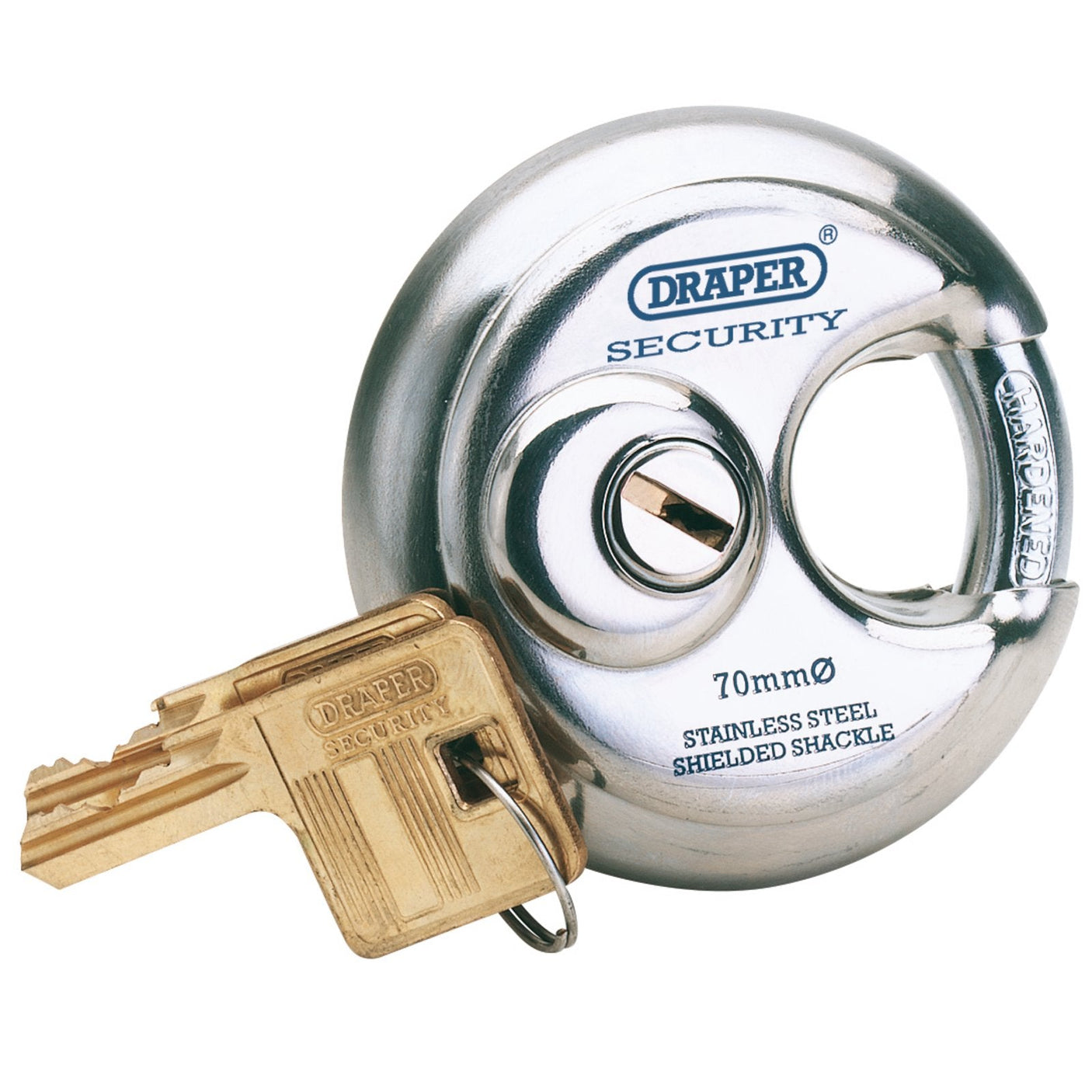 A round, silver-colored, stainless steel padlock with Draper branding and a 70mm diameter features the "Draper Key Blank For Draper 8316 - Y8316/70" model. Two brass keys attached by a small metal ring are placed next to the padlock.