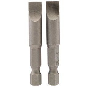 Two Draper Plain Slot Insert Bits, each 8mm wide with a 1/4" hex base and measuring 50mm in length, are positioned upright side by side, crafted from durable chrome vanadium steel.