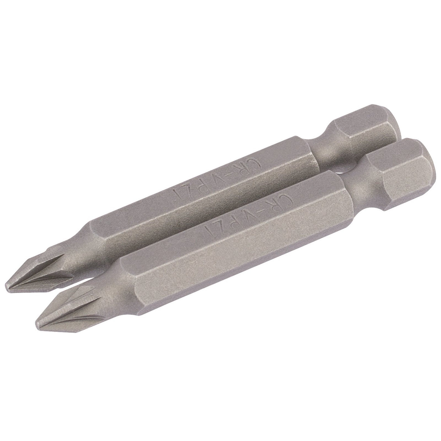 Two Draper Pz Type Insert Bits, each 50mm long with a 1/4" hexagonal base and No.1 star-shaped tips, are crafted from robust chrome vanadium steel and positioned side by side on a white background.