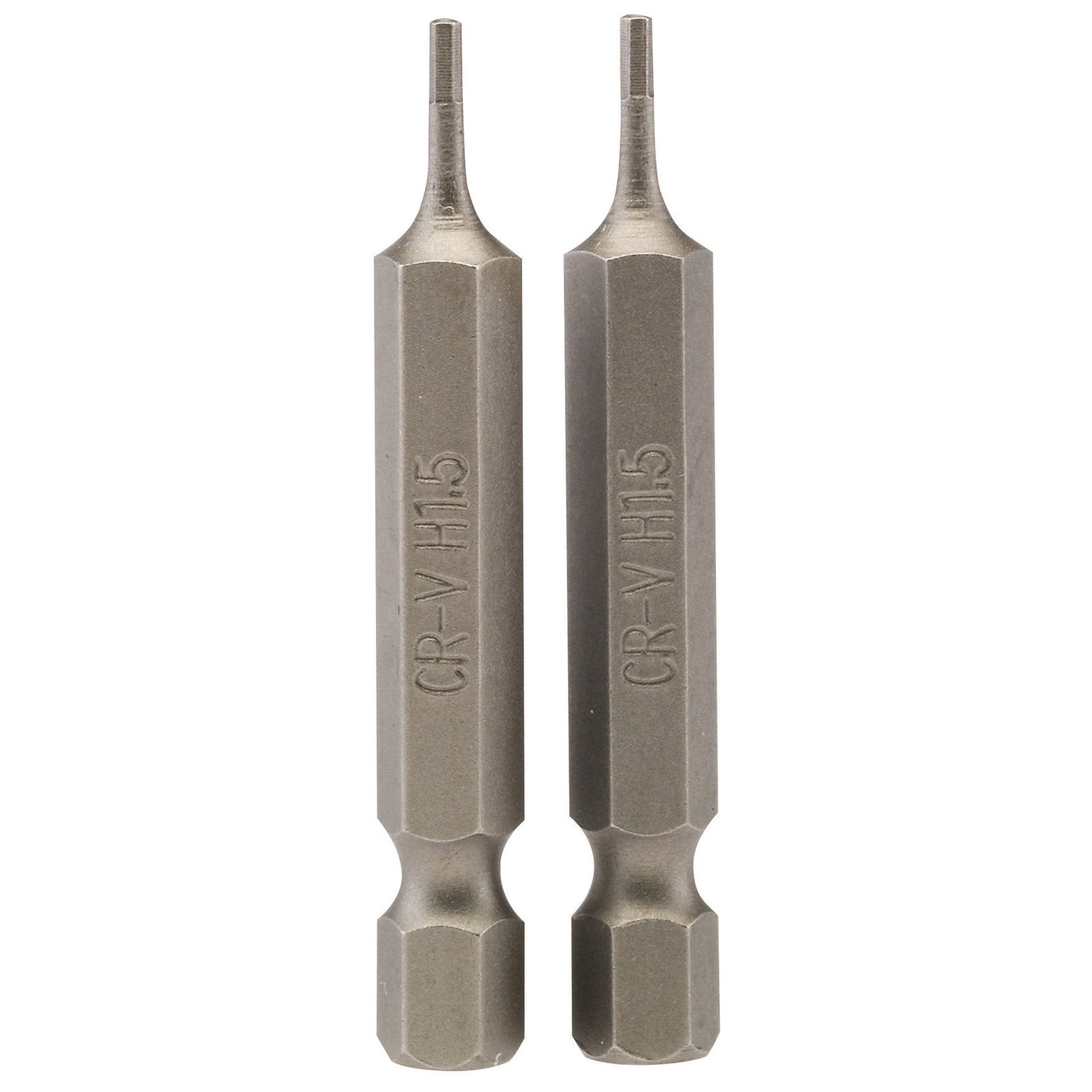 Two identical Draper Hexagonal Insert Bits, labeled "CR-V H15," made from chrome vanadium steel, each with a small, narrow 1.5mm tip and a 1/4" hexagonal base for fitting into a tool. These 50mm long bits feature a shot blast finish for enhanced durability and come in a pack of two (50HX/2/B).