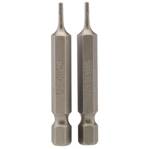 Two identical Draper Hexagonal Insert Bits, labeled "CR-V H15," made from chrome vanadium steel, each with a small, narrow 1.5mm tip and a 1/4" hexagonal base for fitting into a tool. These 50mm long bits feature a shot blast finish for enhanced durability and come in a pack of two (50HX/2/B).