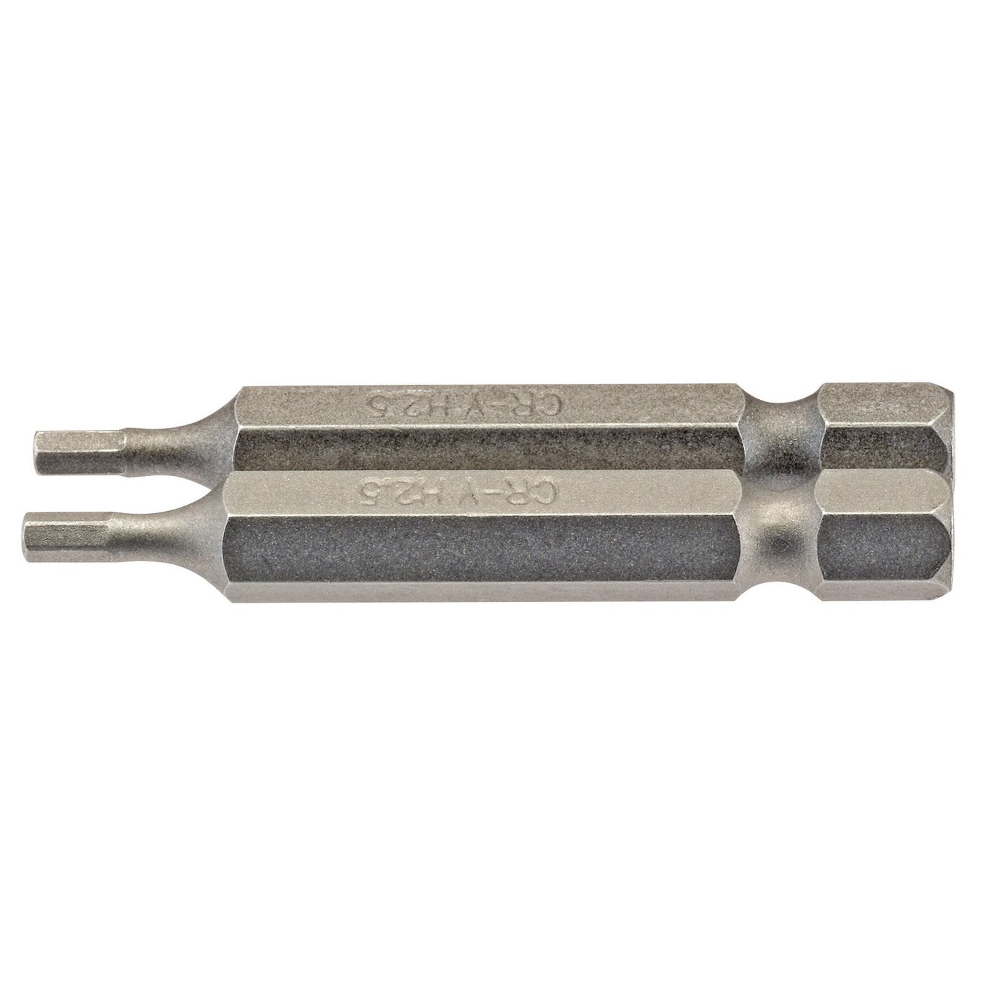 The Draper Hexagonal Insert Bit, measuring 2.5mm and 50mm long with a 1/4" hex, features flat heads on both ends, is crafted from chrome vanadium steel, and boasts a shot blast finish. Available in a pack of two (50HX/2/B).