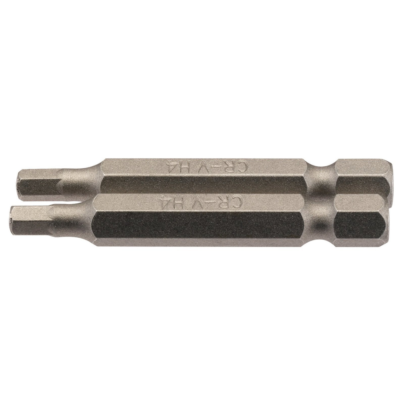 The Draper Hexagonal Insert Bit, 4mm, 1/4" Hex, 50mm Long (Pack Of 2) - 50HX/2/B features a double-ended design with slotted ends and a hexagonal shank. Crafted from durable chrome vanadium steel for enhanced strength, the bit also has a shot blast finish for superior grip and comes conveniently display packed.