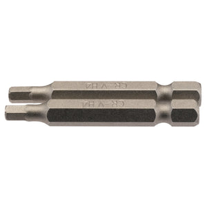 The Draper Hexagonal Insert Bit, 4mm, 1/4" Hex, 50mm Long (Pack Of 2) - 50HX/2/B features a double-ended design with slotted ends and a hexagonal shank. Crafted from durable chrome vanadium steel for enhanced strength, the bit also has a shot blast finish for superior grip and comes conveniently display packed.