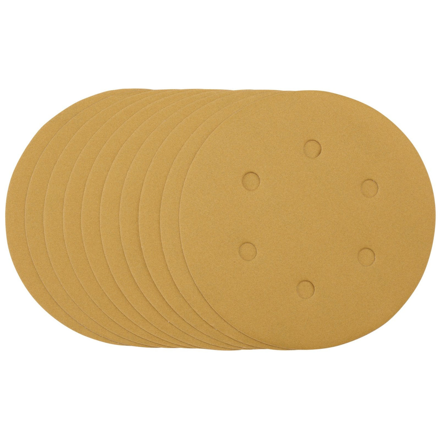 A slight overlap of ten Draper Gold Sanding Discs with Hook & Loop, 150mm, 320 grit, each featuring six dust extraction holes.