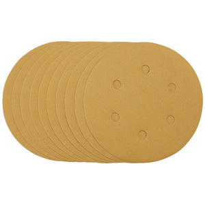 A slight overlap of ten Draper Gold Sanding Discs with Hook & Loop, 150mm, 320 grit, each featuring six dust extraction holes.