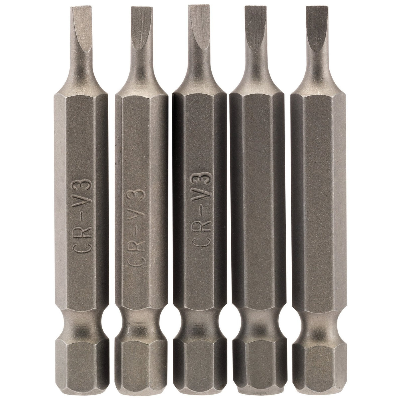 Five Draper Plain Slot Insert Bits, 3mm, 1/4" hex, 50mm long (pack of 5) - 50PS/5/B, marked CR-V3, displayed upright in a row. These bits are crafted from chrome vanadium steel and feature a shot blasted finish.