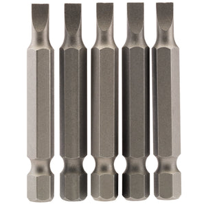 Five Draper Plain Slot Insert Bits, each measuring 4.5mm with a 1/4" hex shank and a length of 50mm, arranged side by side—all crafted from hardened tempered chrome vanadium steel for enhanced durability.