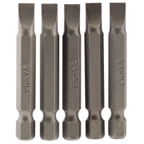 Five Draper Plain Slot Insert Bits in a row, each featuring a 6mm tip and 1/4" hex shank, engraved with "CR-V6" on the side, showcasing their chrome vanadium steel construction and shot blasted finish.