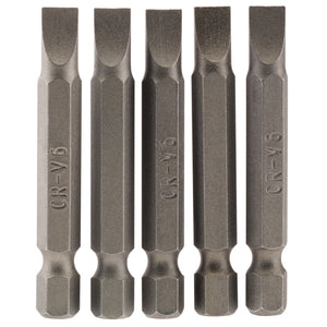 Five Draper Plain Slot Insert Bits in a row, each featuring a 6mm tip and 1/4" hex shank, engraved with "CR-V6" on the side, showcasing their chrome vanadium steel construction and shot blasted finish.