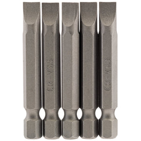 Five identical Draper Plain Slot Insert Bits, 6.5mm with a 1/4" hex shank and measuring 50mm long, made from durable chrome vanadium steel with "CR-V6.5" engraved on them, standing upright in a row against a plain background. The bits feature a shot-blasted finish for added durability and style.
