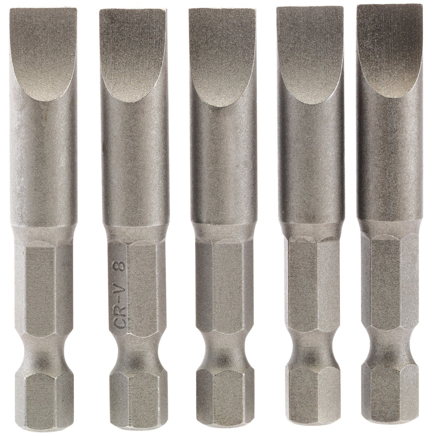 Five Draper Plain Slot Insert Bits, 8mm, 1/4" Hex, and 50mm long, crafted from chrome vanadium steel with ground flat tips and hexagonal bases, arranged in a row.