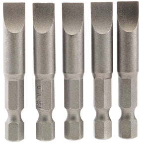 Five Draper Plain Slot Insert Bits, 8mm, 1/4" Hex, and 50mm long, crafted from chrome vanadium steel with ground flat tips and hexagonal bases, arranged in a row.