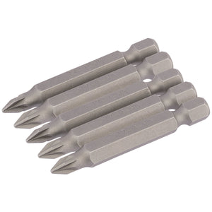 Five identical Draper Pz Type Insert Bits, each made of chrome vanadium steel, are aligned in a row. Each 50mm long bit has a 1/4" hexagonal base and a No.1 star-shaped tip.