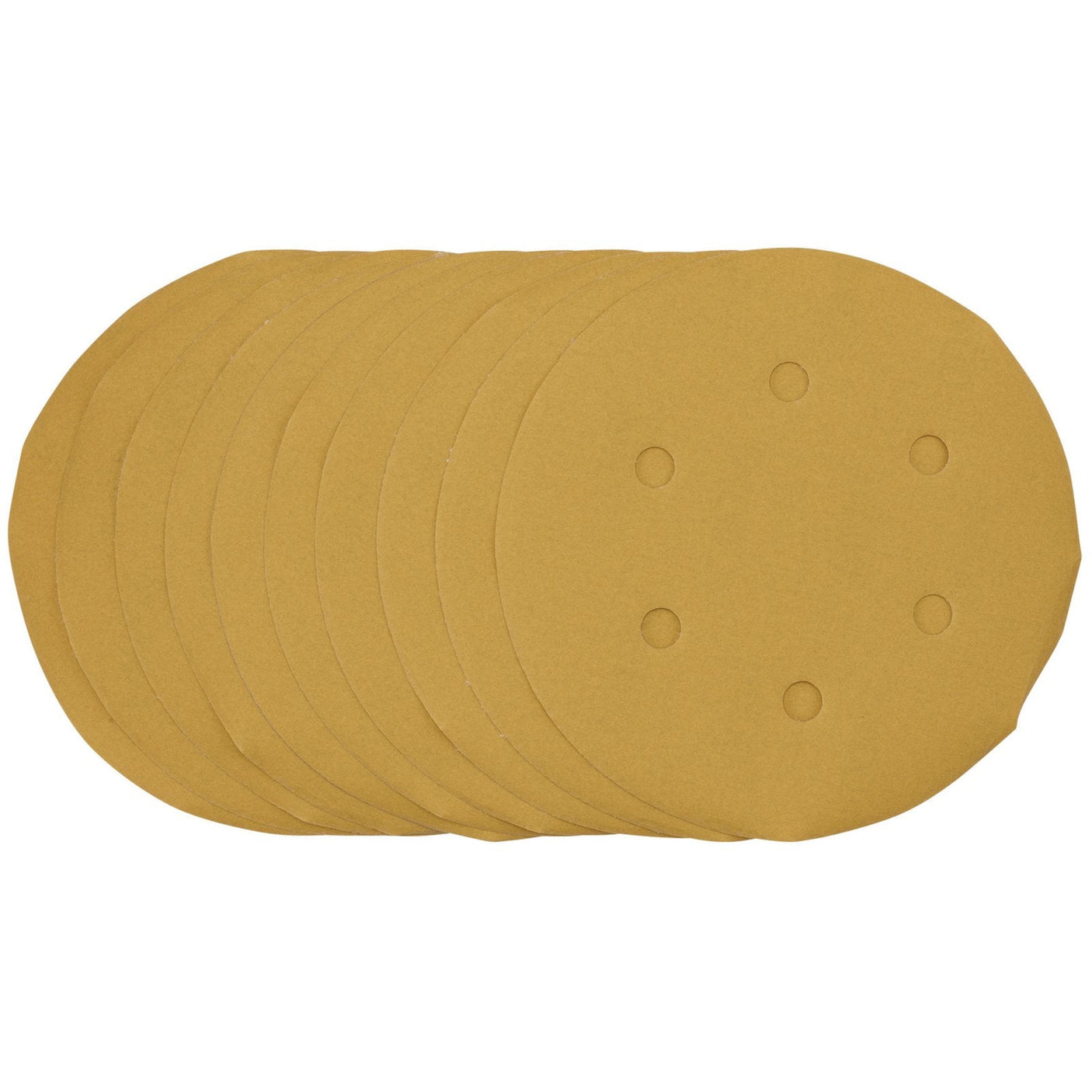 A pack of Draper Gold Sanding Discs with Hook & Loop backing, 150mm in diameter, 400 grit, featuring 6 dust extraction holes arranged in a circular pattern.