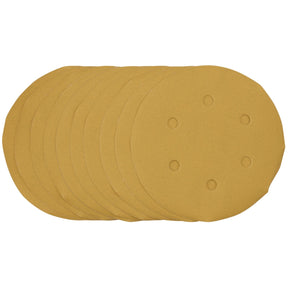 A pack of Draper Gold Sanding Discs with Hook & Loop backing, 150mm in diameter, 400 grit, featuring 6 dust extraction holes arranged in a circular pattern.