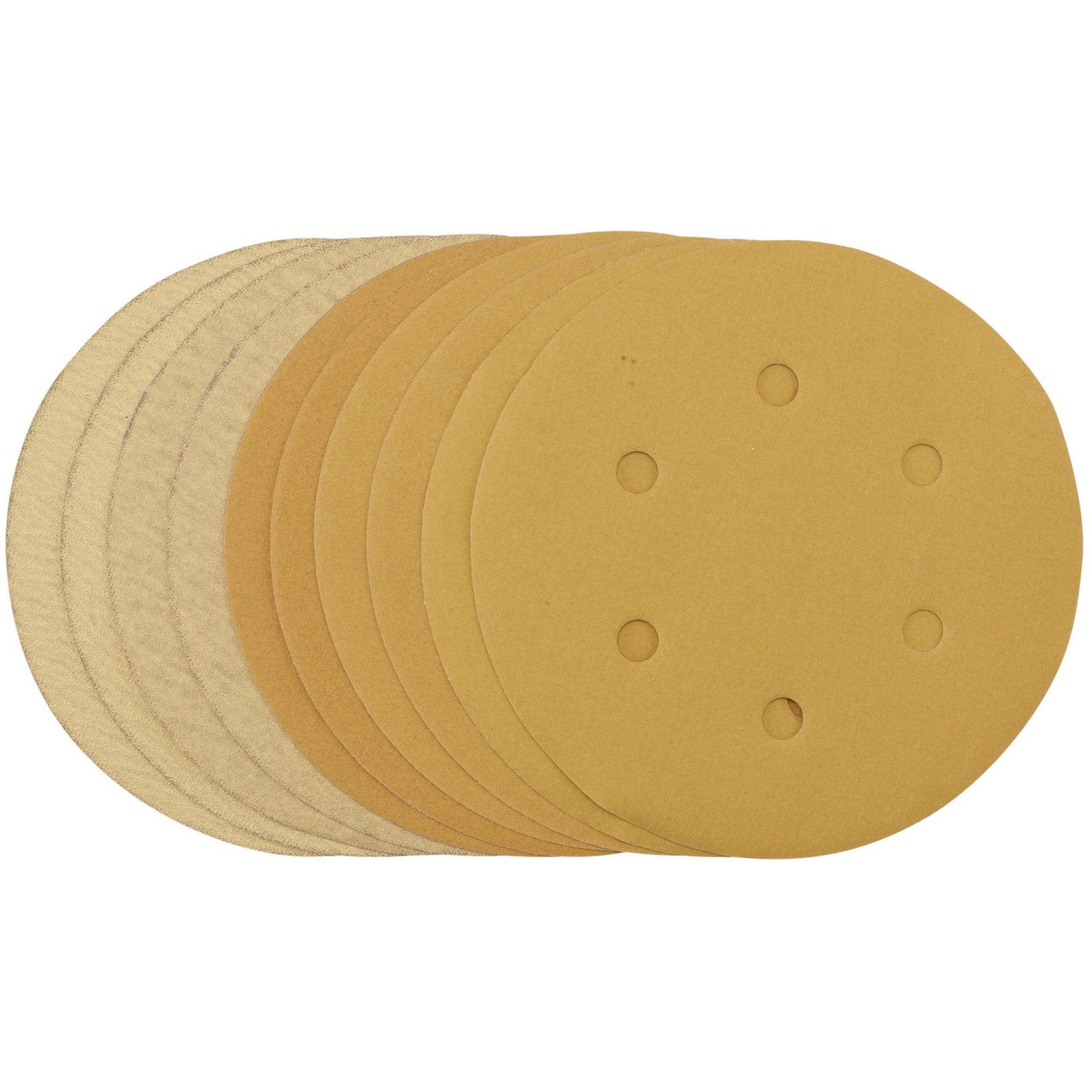 A slightly fanned-out stack of Draper Gold Sanding Discs with hook and loop backing, each 150mm disc featuring six dust extraction holes, available in assorted grits (120G, 180G, 240G, 320G, and 400G) in a pack of ten.