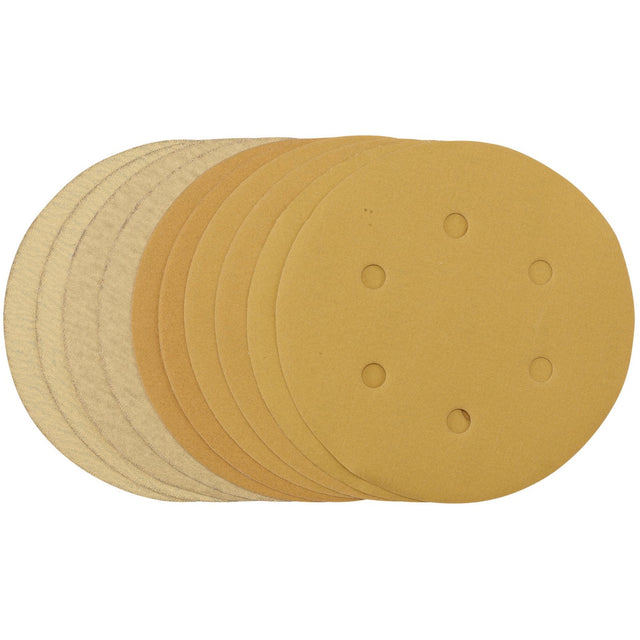 Draper Gold Sanding Discs With Hook & Loop, 150mm, Assorted Grit - 120G, 180G, 240G, 320G, 400G, 6 Dust Extraction Holes (Pack Of 10) - SDHALG150 - Farming Parts