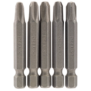 A pack of five Draper Cross Slot Insert Bits, each 50mm long with a 1/4" hexagonal shaft and a No.3 cross-shaped head, marked with "CR-V PH3." These bits are made from durable chrome vanadium steel and feature a shot blasted finish for added resilience.