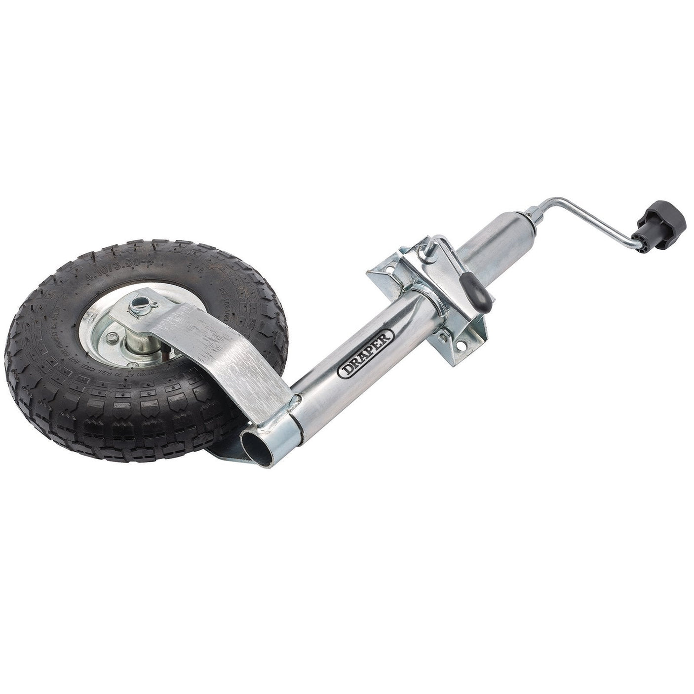 The Draper Jockey Wheel, 48mm - TT128, equipped with a rubber tire, metal mounting bracket, and an adjustable height handle from the trusted brand Draper, provides reliable support for trailers.