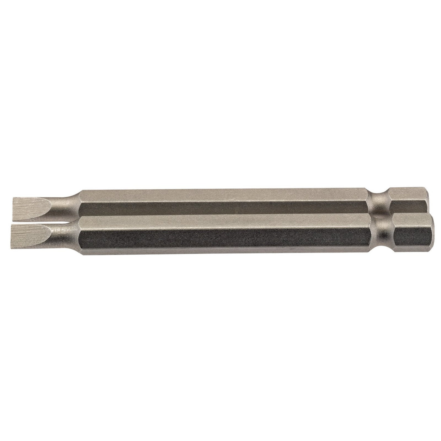 Close-up of a Draper Plain Slot Insert Bit, crafted from hardened tempered chrome vanadium steel and designed for removing stripped or damaged screws, 4.5mm size with a 1/4" hex shank and 75mm long (Pack Of 2) - Model: 75PS/2/B.